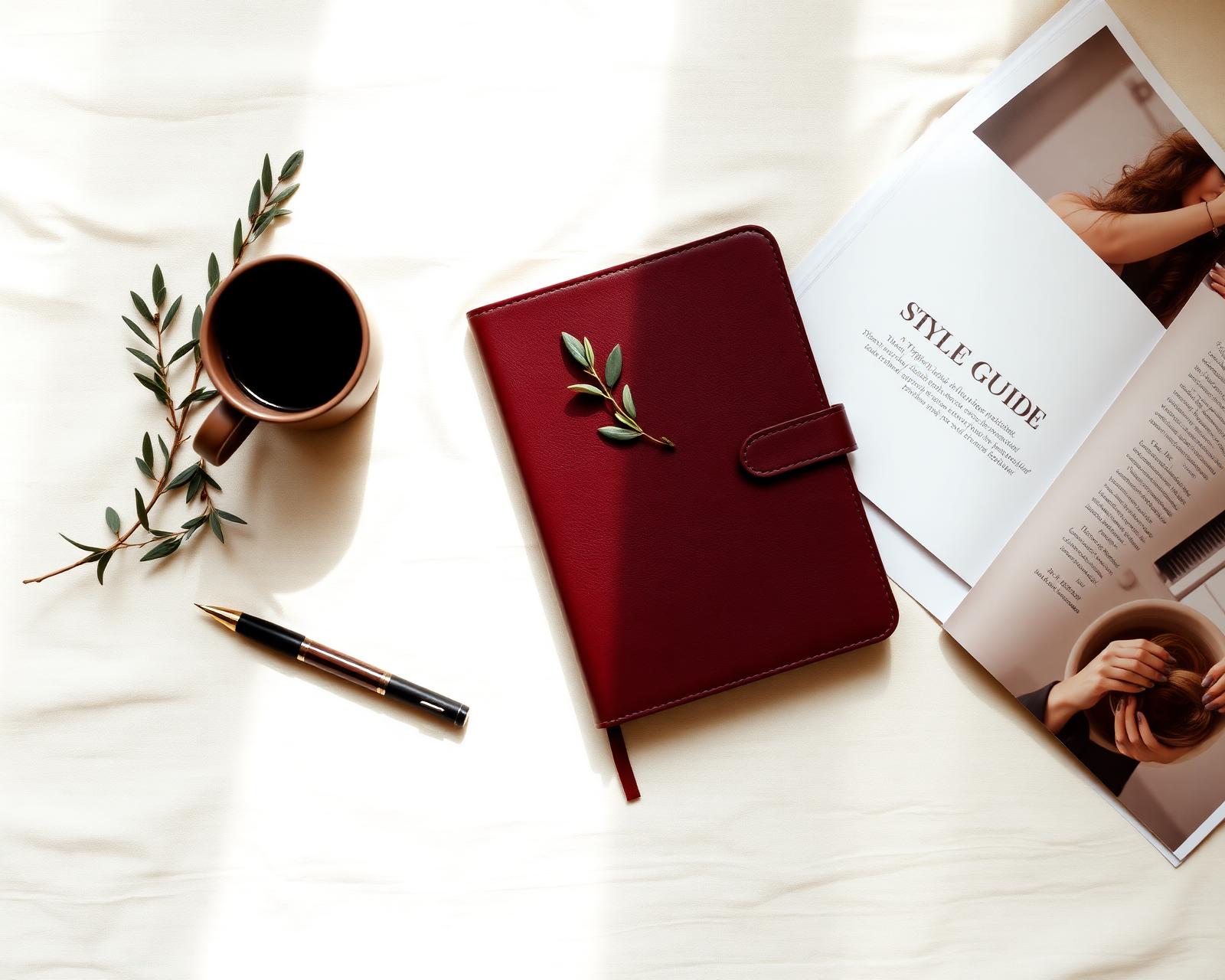 Editorial flat lay of a brand style guide, notebook and coffee on a cream linen surface