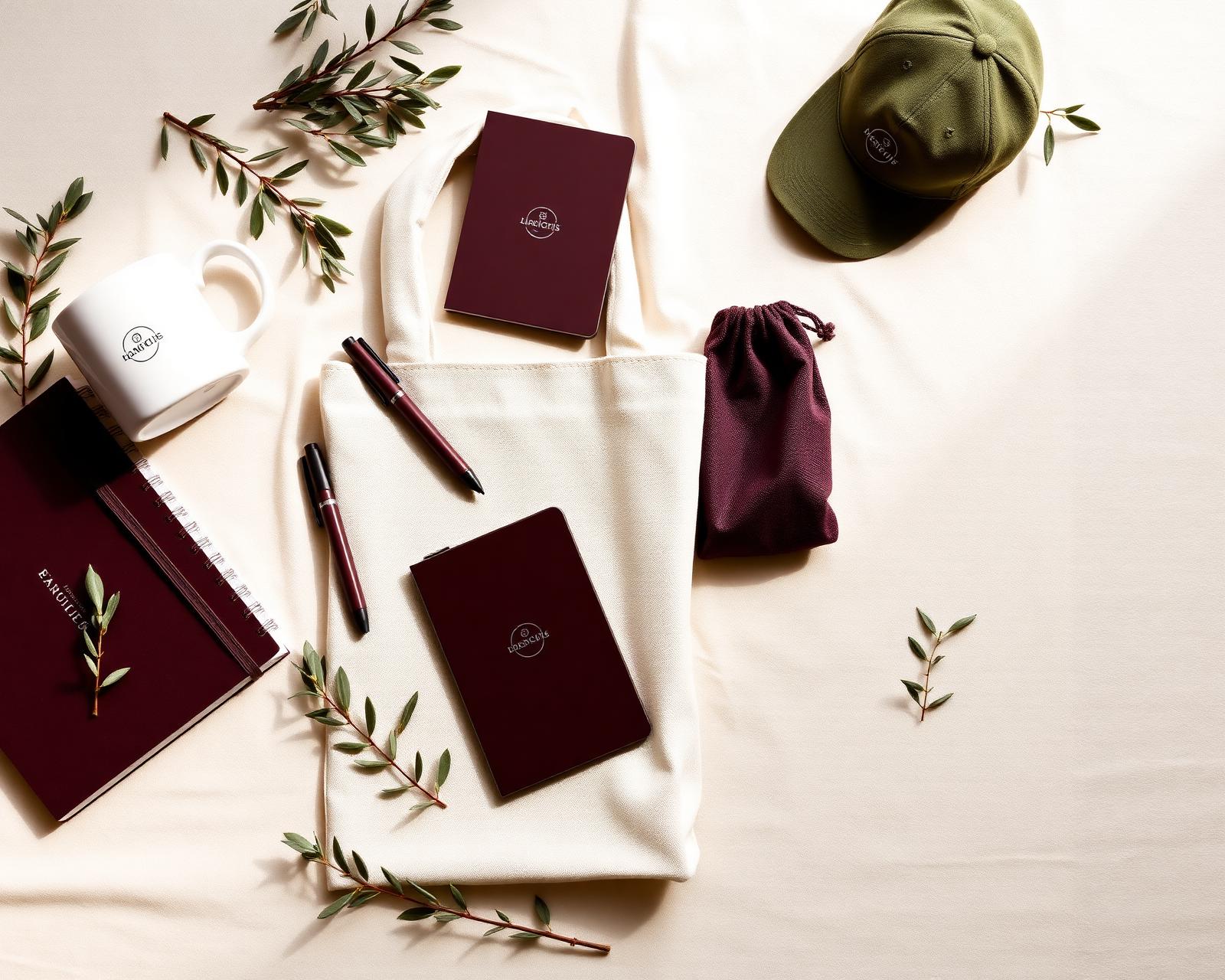 Assorted branded promotional items styled on cream linen
